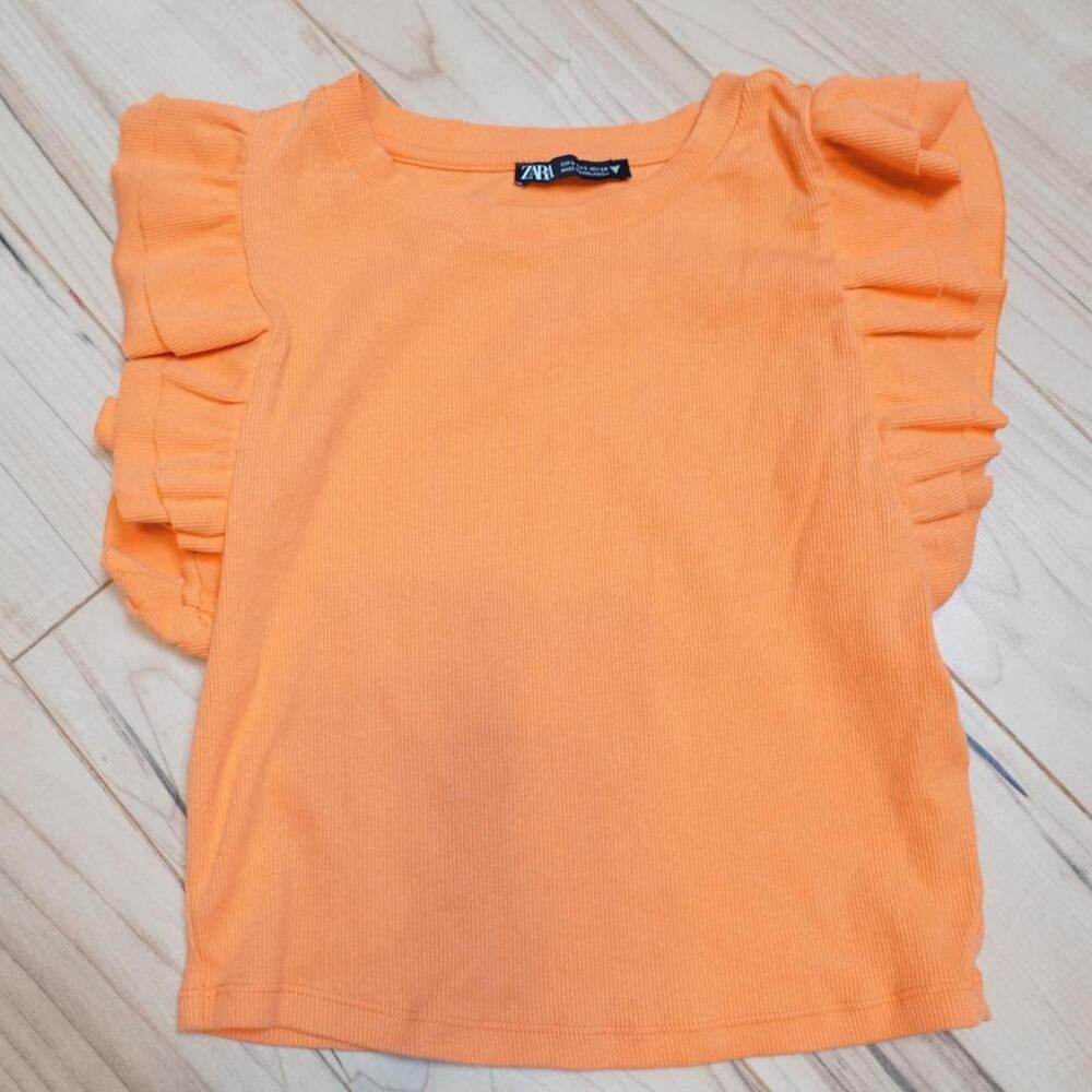 Zara Orange Ribbed Ruffle Flutter Sleeve Crop Top Coquette L